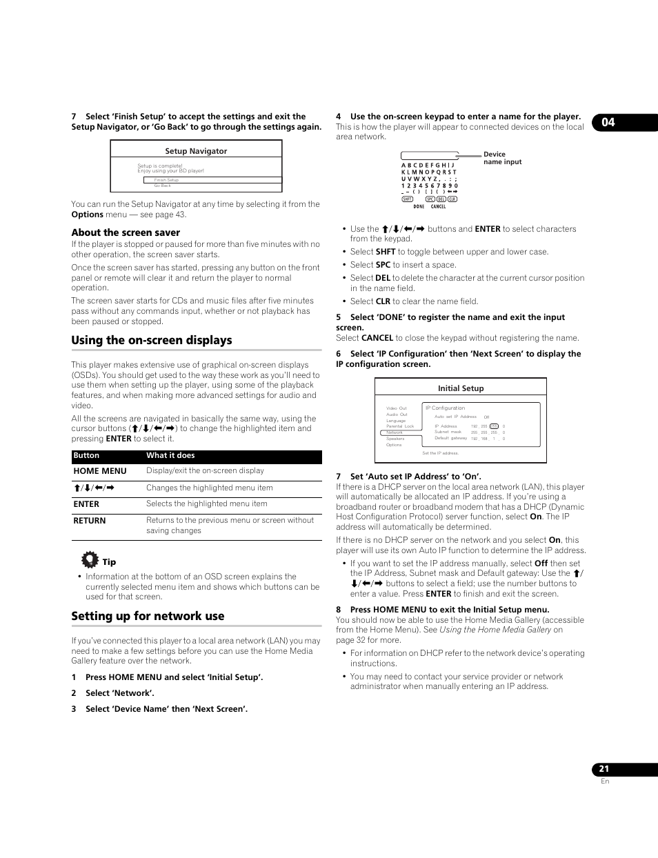 Using the on-screen displays, Setting up for network use, About the screen saver | Pioneer BDP-95FD User Manual | Page 21 / 66