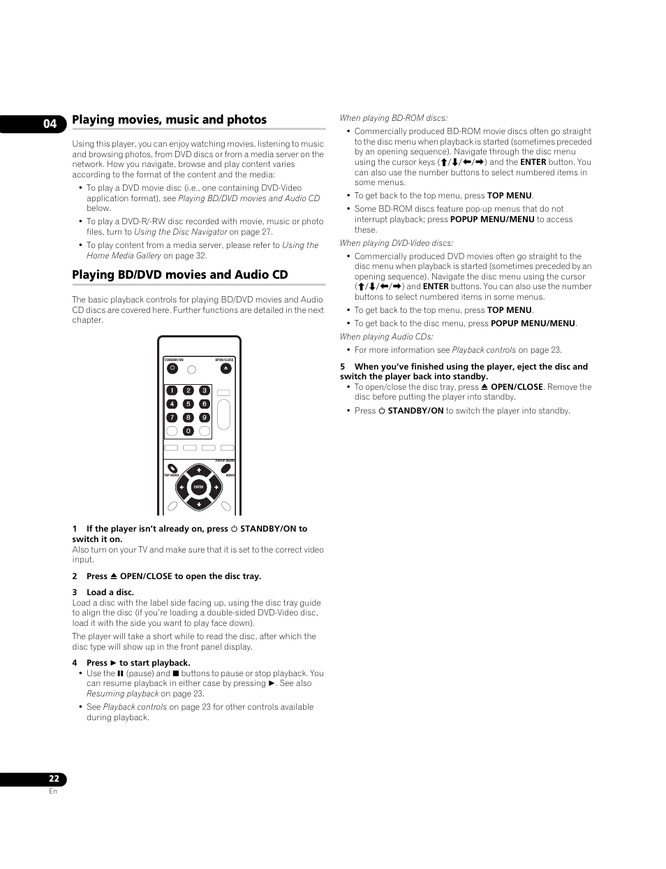 Playing movies, music and photos, Playing bd/dvd movies and audio cd | Pioneer BDP-95FD User Manual | Page 22 / 66