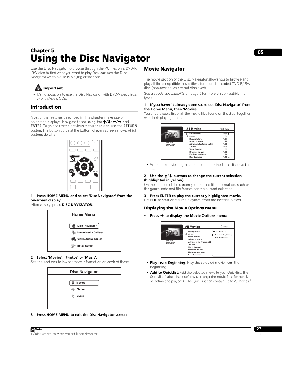 05 using the disc navigator, Introduction, Movie navigator | Using the disc navigator, Chapter 5, Displaying the movie options menu, Home menu, Disc navigator | Pioneer BDP-95FD User Manual | Page 27 / 66