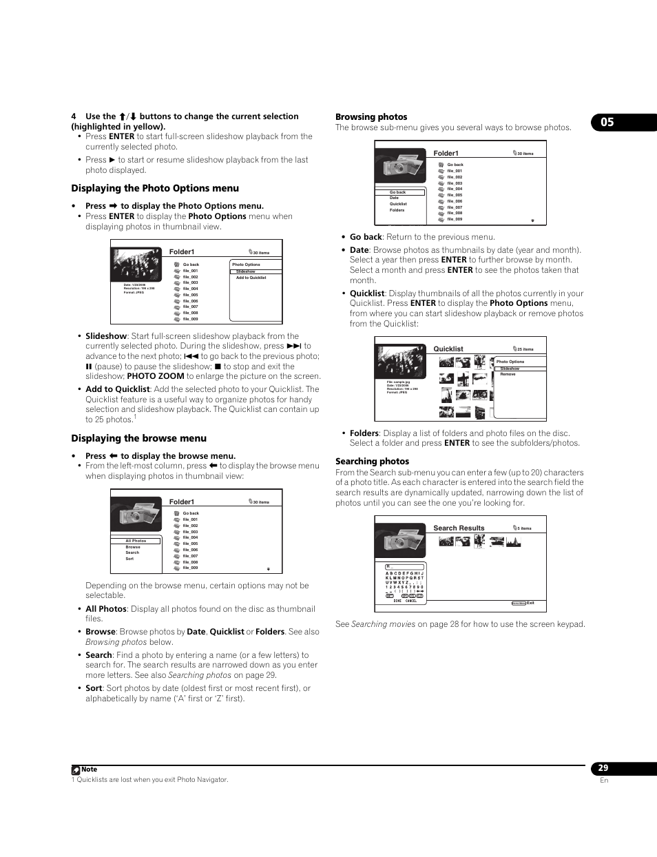 Displaying the photo options menu, Displaying the browse menu, Browsing photos | Searching photos | Pioneer BDP-95FD User Manual | Page 29 / 66