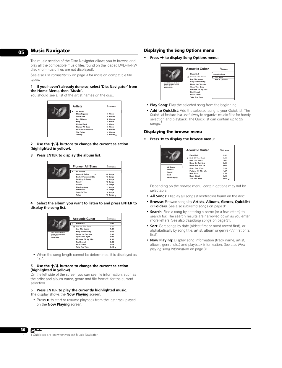 Music navigator, Displaying the song options menu, Displaying the browse menu | Pioneer BDP-95FD User Manual | Page 30 / 66