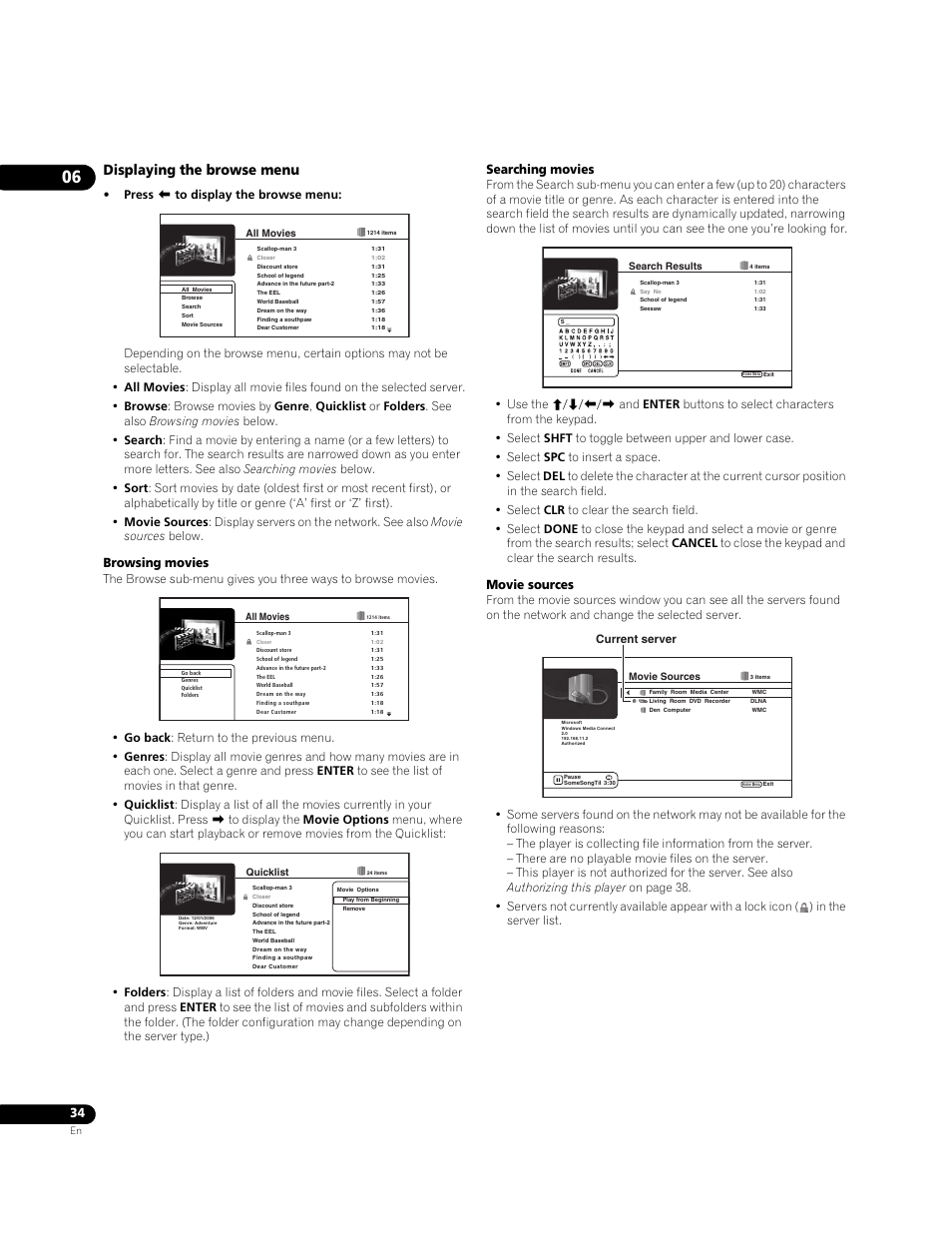 Displaying the browse menu, Browsing movies, Searching movies | Movie sources | Pioneer BDP-95FD User Manual | Page 34 / 66