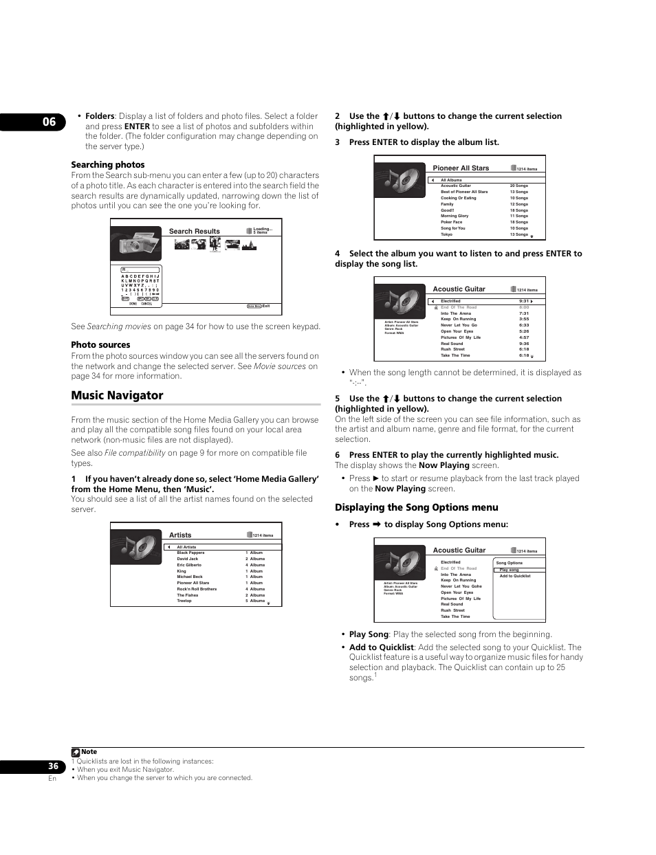 Music navigator, Displaying the song options menu, Searching photos | Photo sources | Pioneer BDP-95FD User Manual | Page 36 / 66
