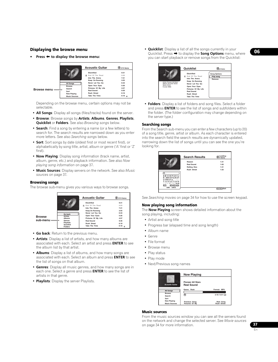 Displaying the browse menu, Browsing songs, Searching songs | Now playing song information, Music sources | Pioneer BDP-95FD User Manual | Page 37 / 66