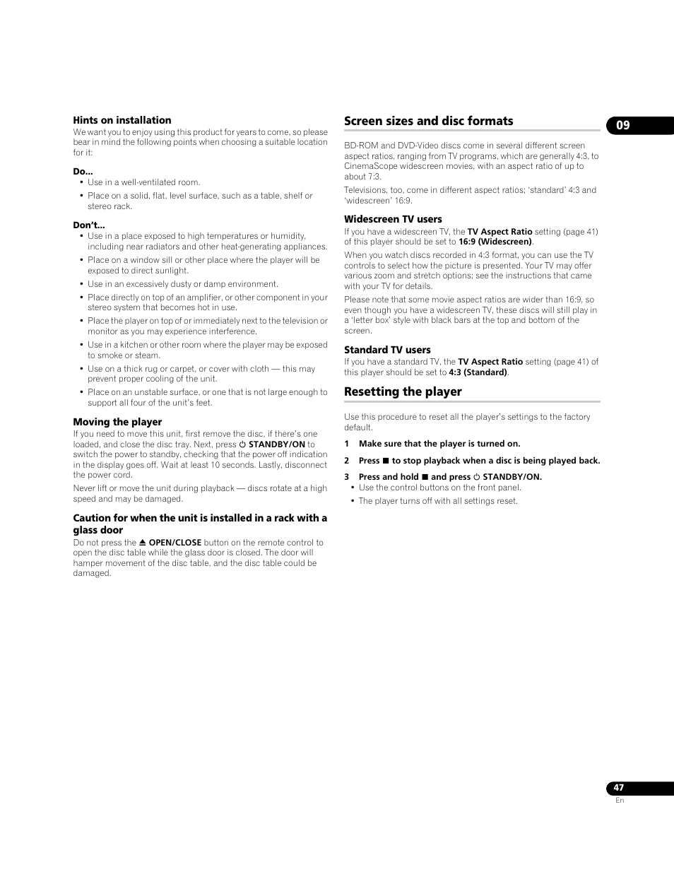 Screen sizes and disc formats, Resetting the player | Pioneer BDP-95FD User Manual | Page 47 / 66