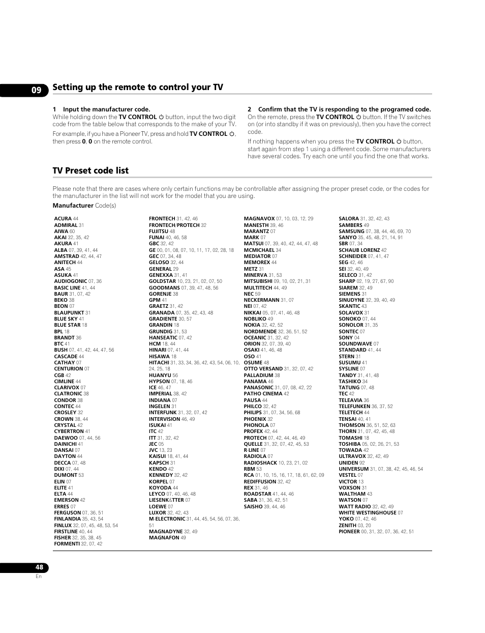 Setting up the remote to control your tv, Tv preset code list | Pioneer BDP-95FD User Manual | Page 48 / 66