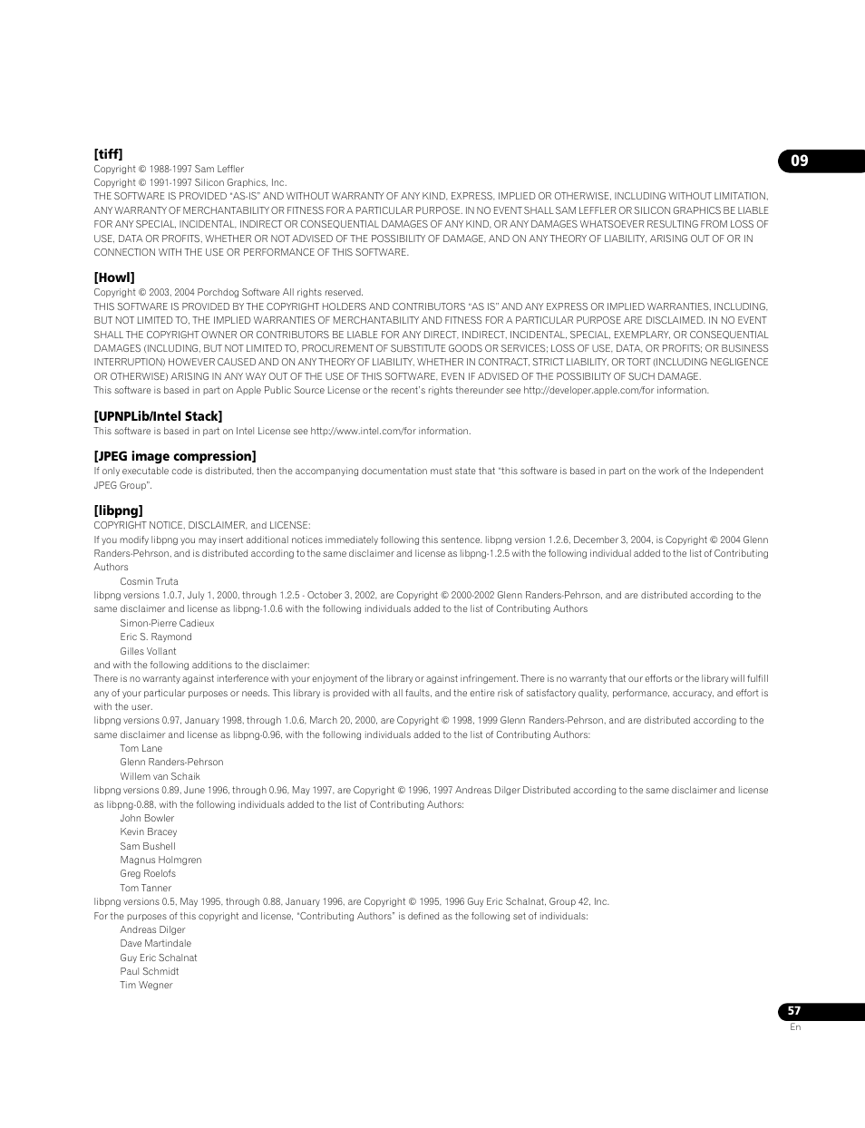 Tiff, Howl, Upnplib/intel stack | Jpeg image compression, Libpng | Pioneer BDP-95FD User Manual | Page 57 / 66