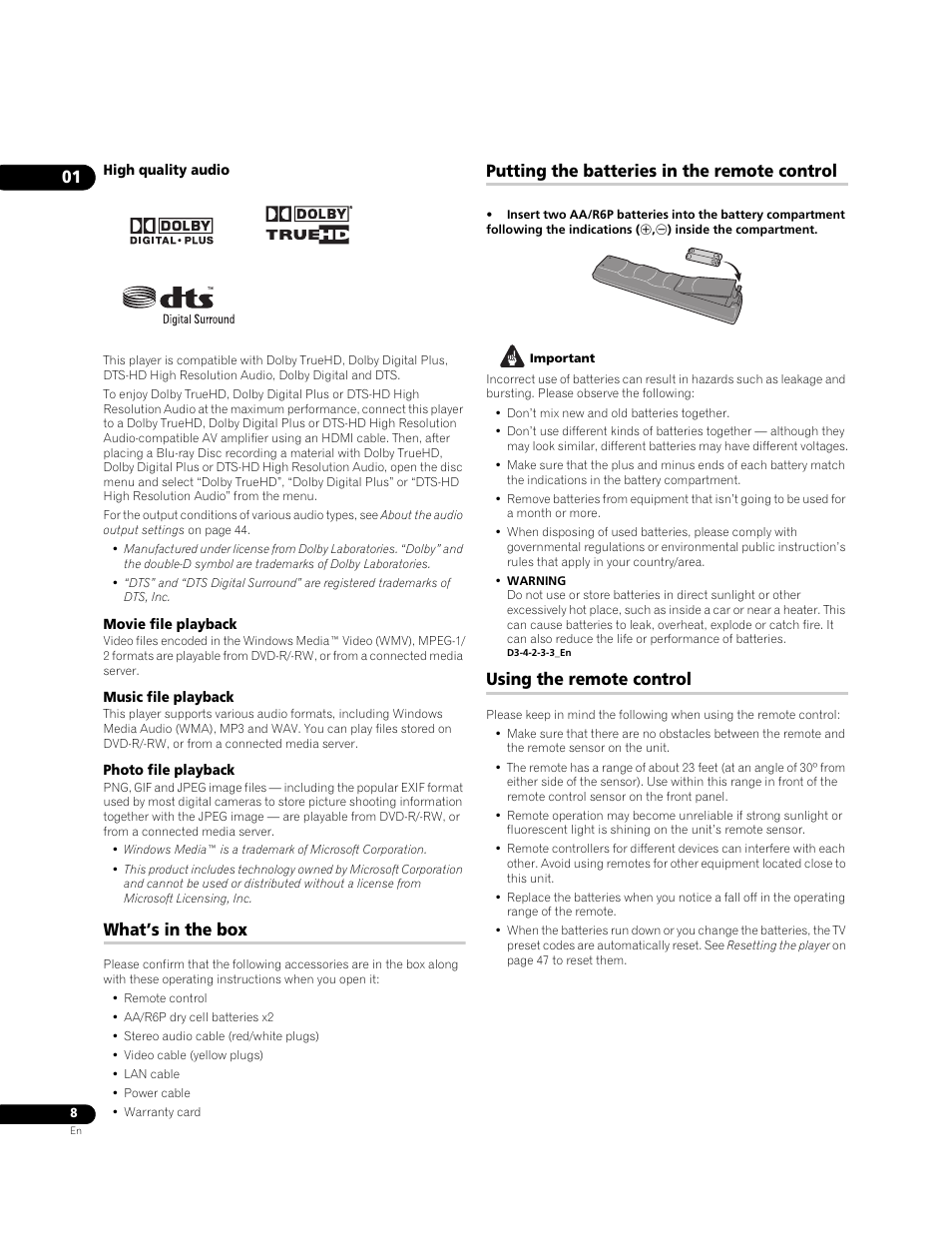 What’s in the box, Putting the batteries in the remote control, Using the remote control | Pioneer BDP-95FD User Manual | Page 8 / 66