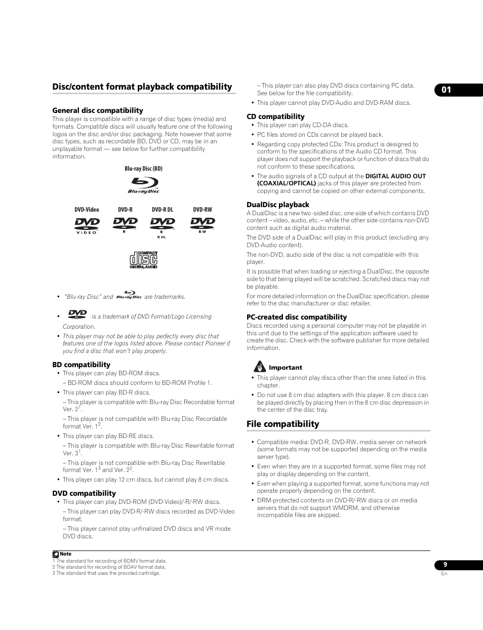 Disc/content format playback compatibility, File compatibility | Pioneer BDP-95FD User Manual | Page 9 / 66