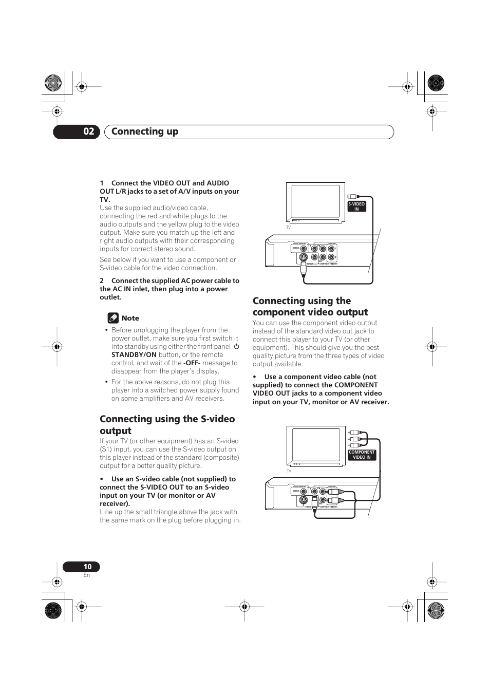 Connecting using the s-video output, Connecting using the component video output, Connecting up 02 | Pioneer DV-275 User Manual | Page 10 / 40