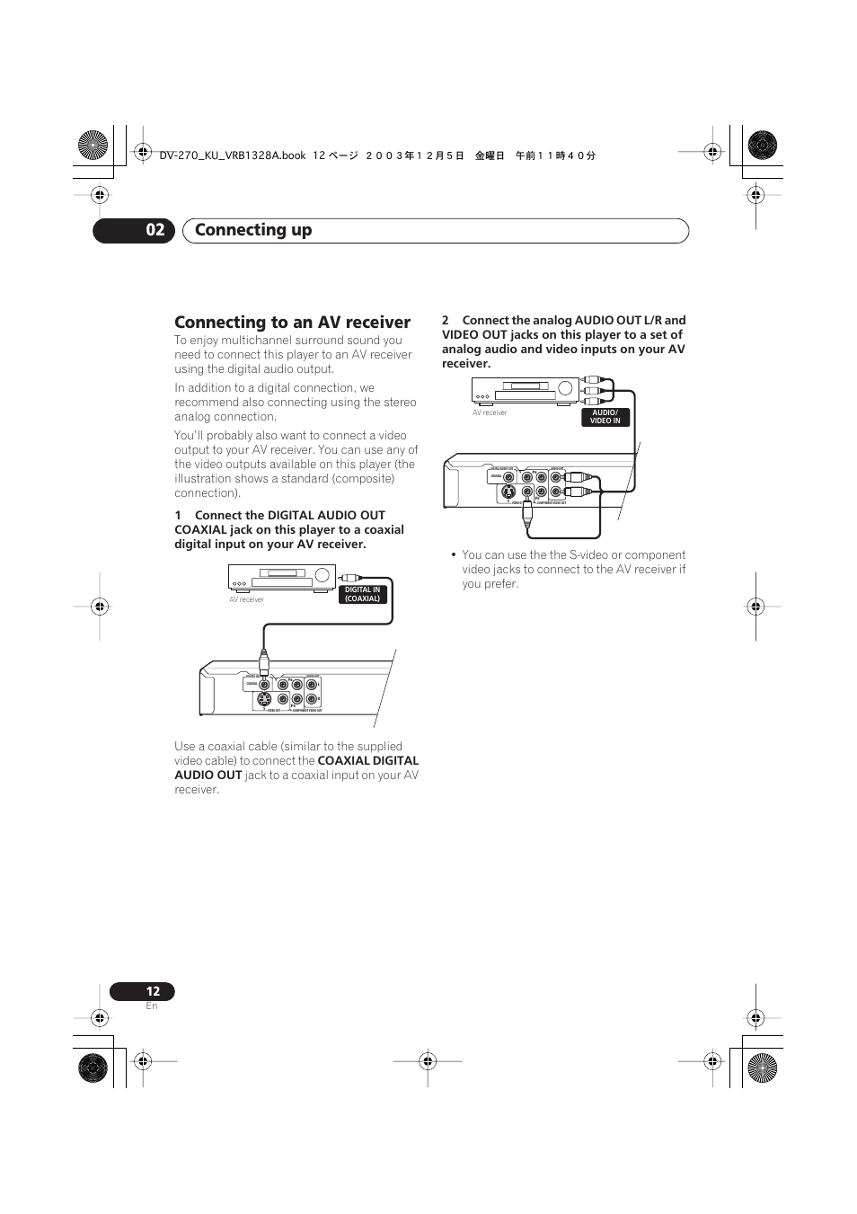 Connecting to an av receiver, Connecting up 02 | Pioneer DV-275 User Manual | Page 12 / 40