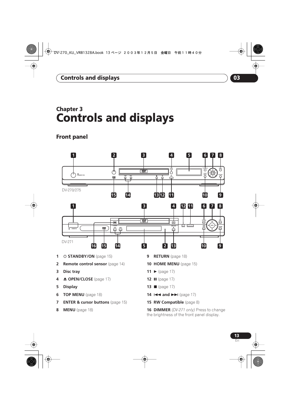 03 controls and displays, Front panel, Controls and displays | Controls and displays 03, Chapter 3 | Pioneer DV-275 User Manual | Page 13 / 40