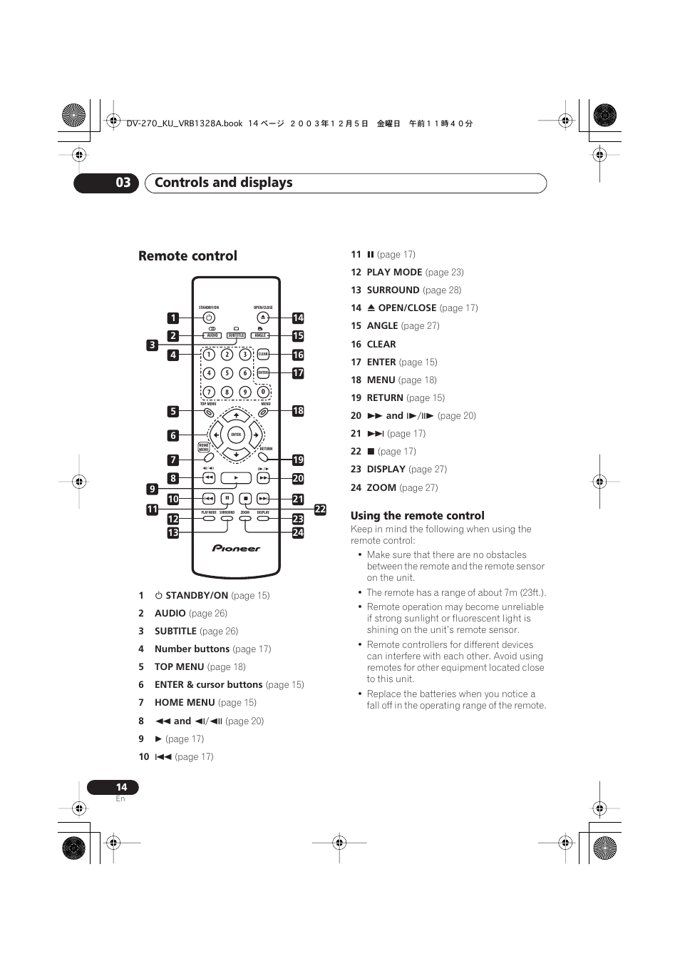 Remote control, Controls and displays 03 | Pioneer DV-275 User Manual | Page 14 / 40