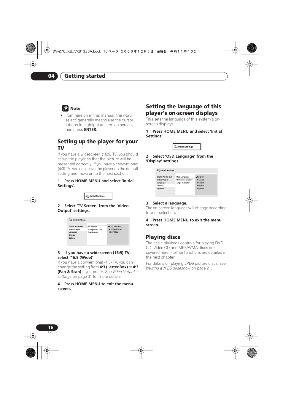 Setting up the player for your tv, Playing discs, Getting started 04 | Pioneer DV-275 User Manual | Page 16 / 40