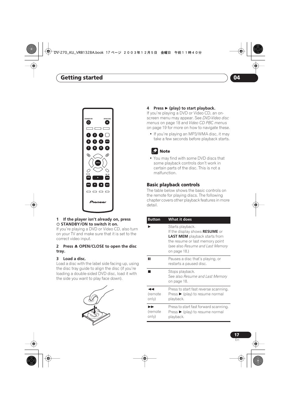 Getting started 04, Basic playback controls | Pioneer DV-275 User Manual | Page 17 / 40