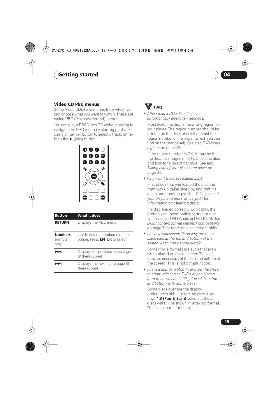 Getting started 04, Video cd pbc menus | Pioneer DV-275 User Manual | Page 19 / 40