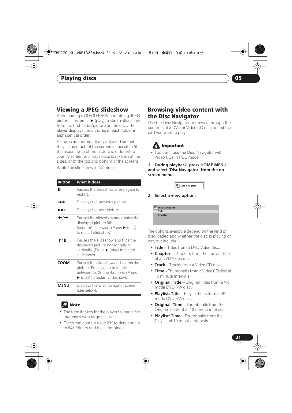Viewing a jpeg slideshow, Browsing video content with the disc navigator, Playing discs 05 | Pioneer DV-275 User Manual | Page 21 / 40