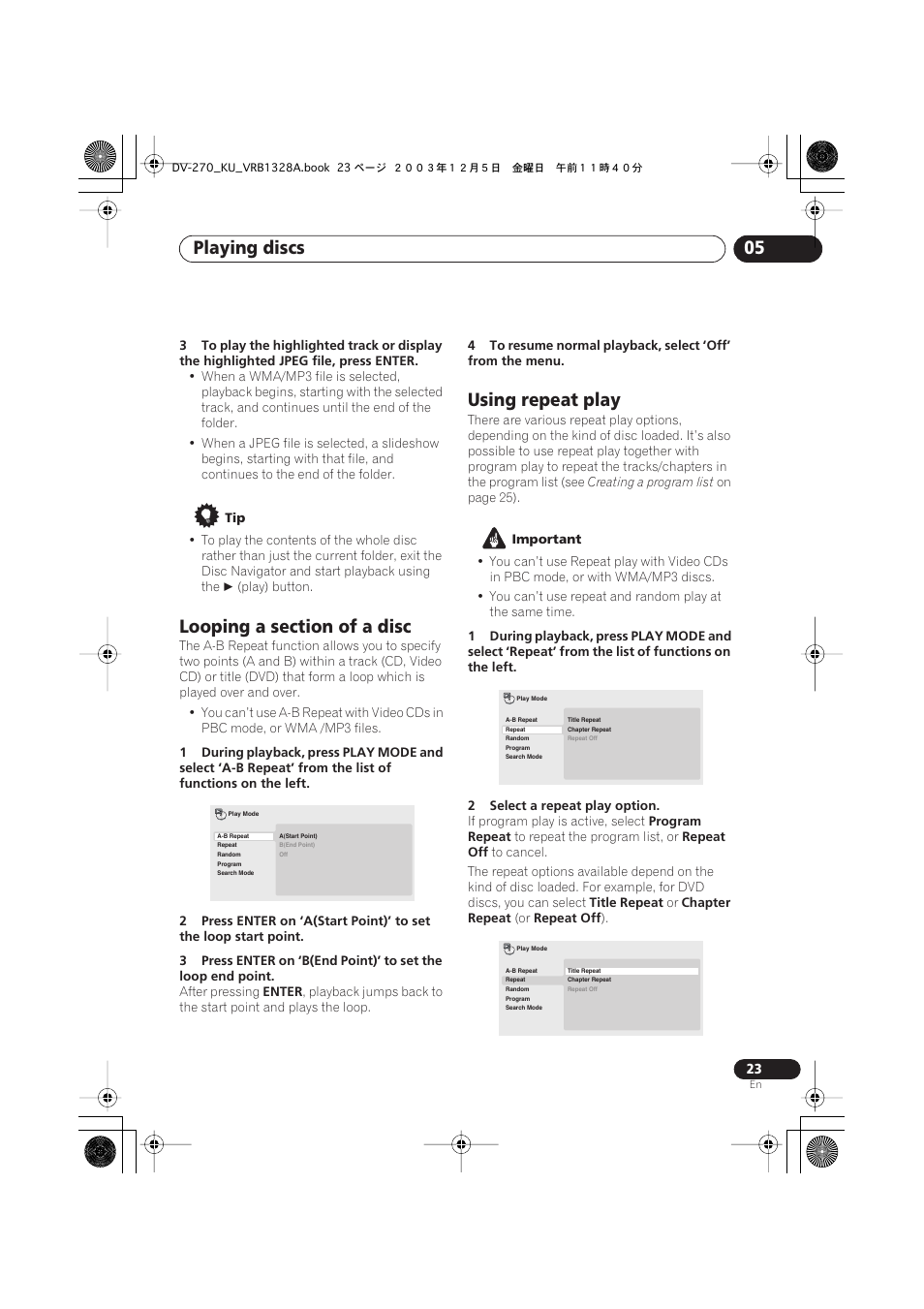 Looping a section of a disc, Using repeat play, Playing discs 05 | Pioneer DV-275 User Manual | Page 23 / 40