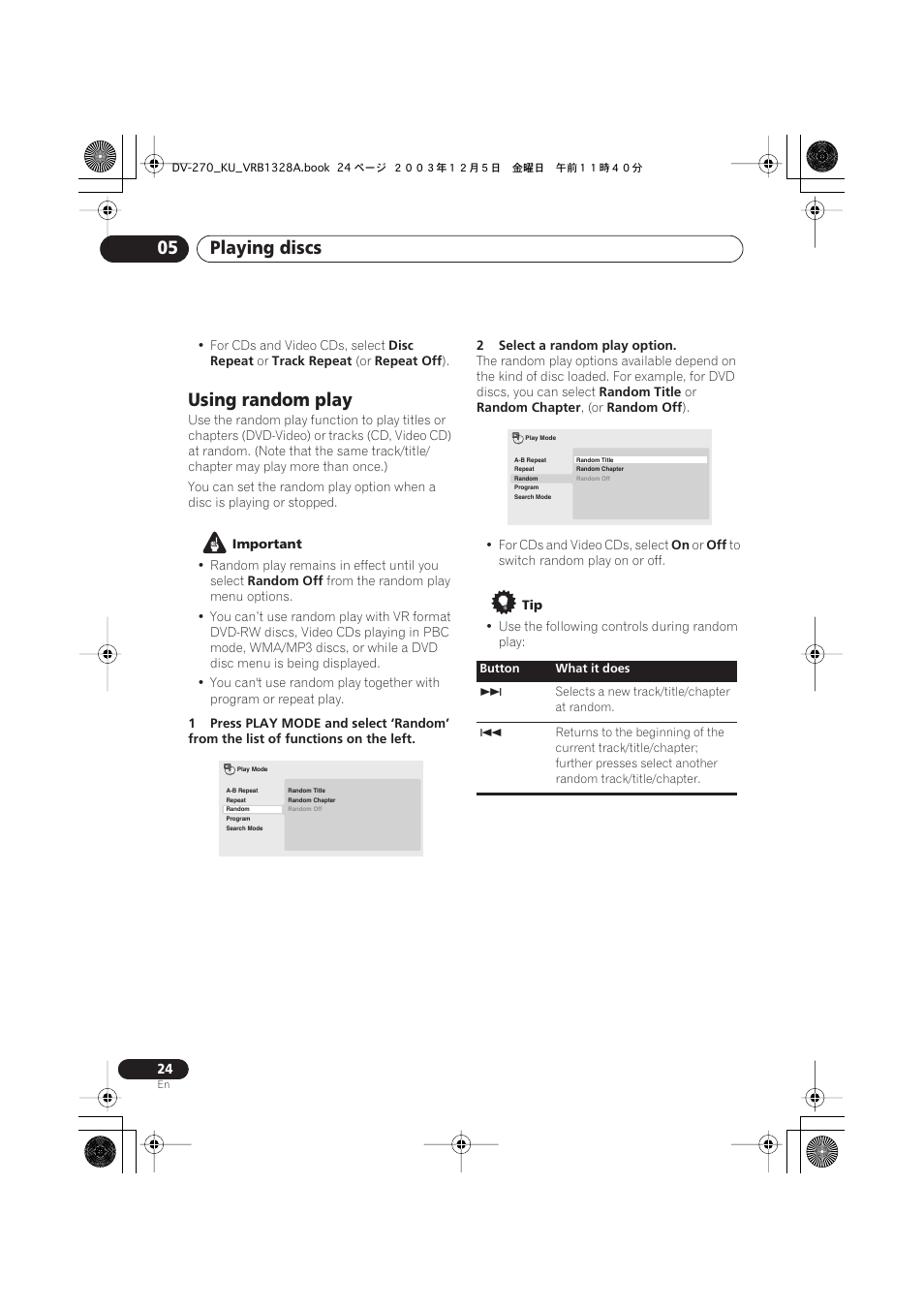 Using random play, Playing discs 05 | Pioneer DV-275 User Manual | Page 24 / 40