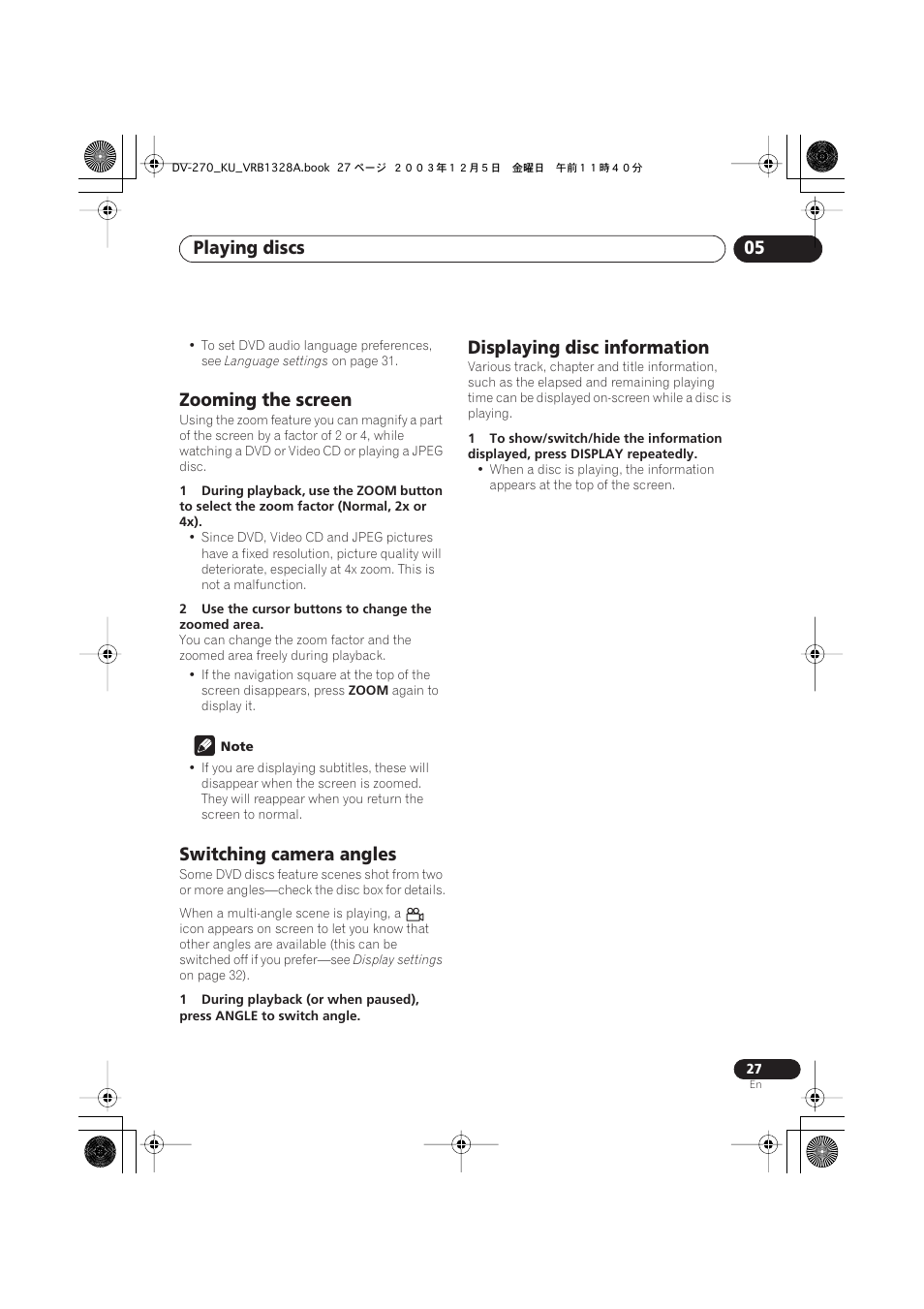 Zooming the screen, Switching camera angles, Displaying disc information | Playing discs 05 | Pioneer DV-275 User Manual | Page 27 / 40
