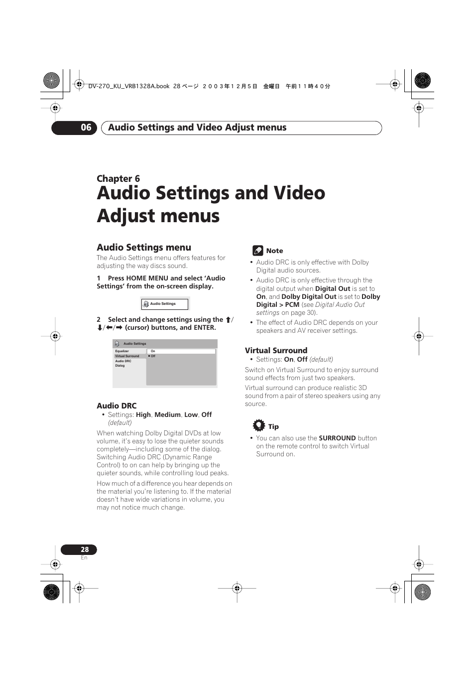 06 audio settings and video adjust menus, Audio settings menu, Audio settings and video adjust menus | Audio settings and video adjust menus 06, Chapter 6 | Pioneer DV-275 User Manual | Page 28 / 40