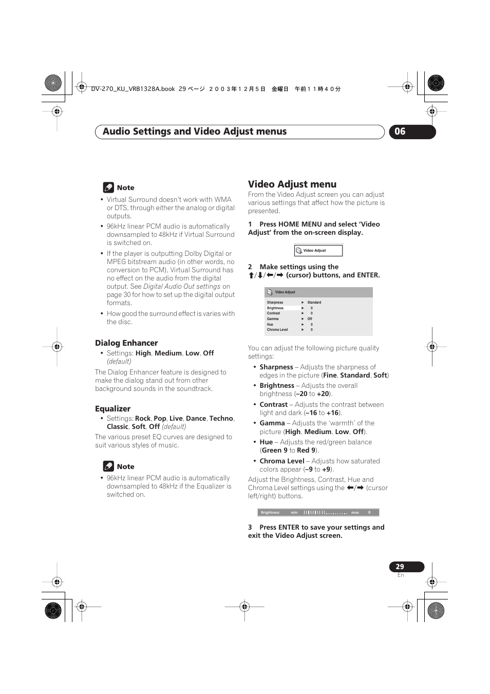 Video adjust menu, Audio settings and video adjust menus 06 | Pioneer DV-275 User Manual | Page 29 / 40