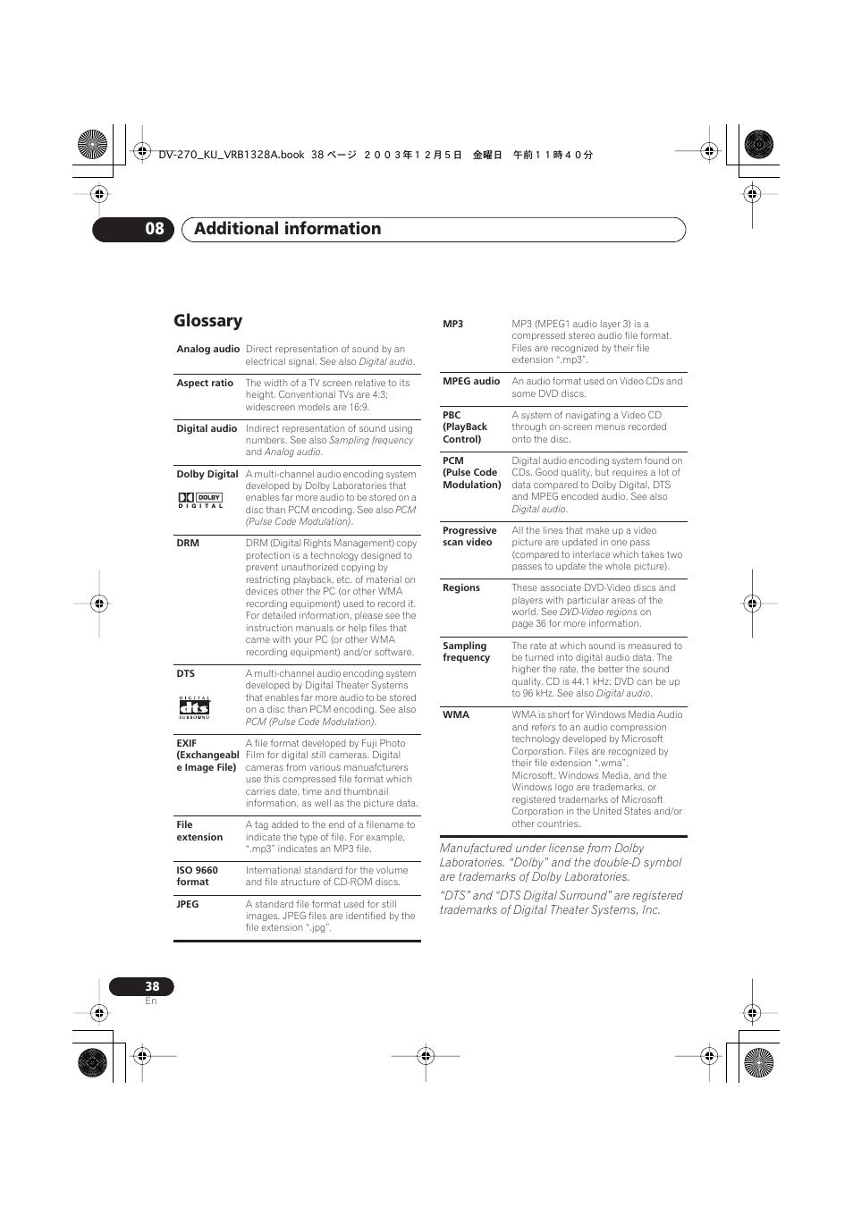 Glossary, Additional information 08 | Pioneer DV-275 User Manual | Page 38 / 40