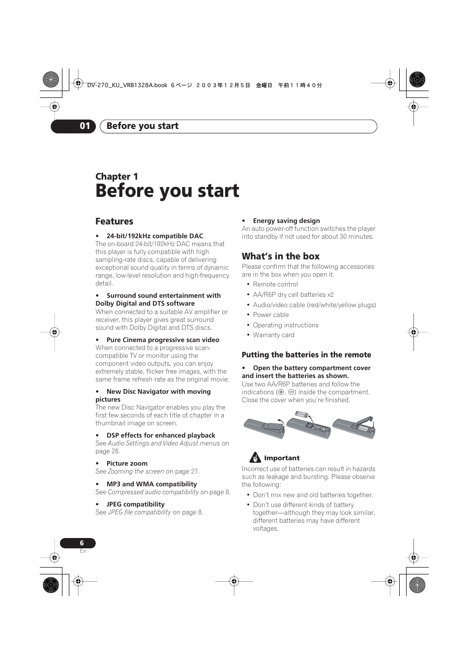 01 before you start, Features, What’s in the box | Before you start, Before you start 01, Chapter 1 | Pioneer DV-275 User Manual | Page 6 / 40