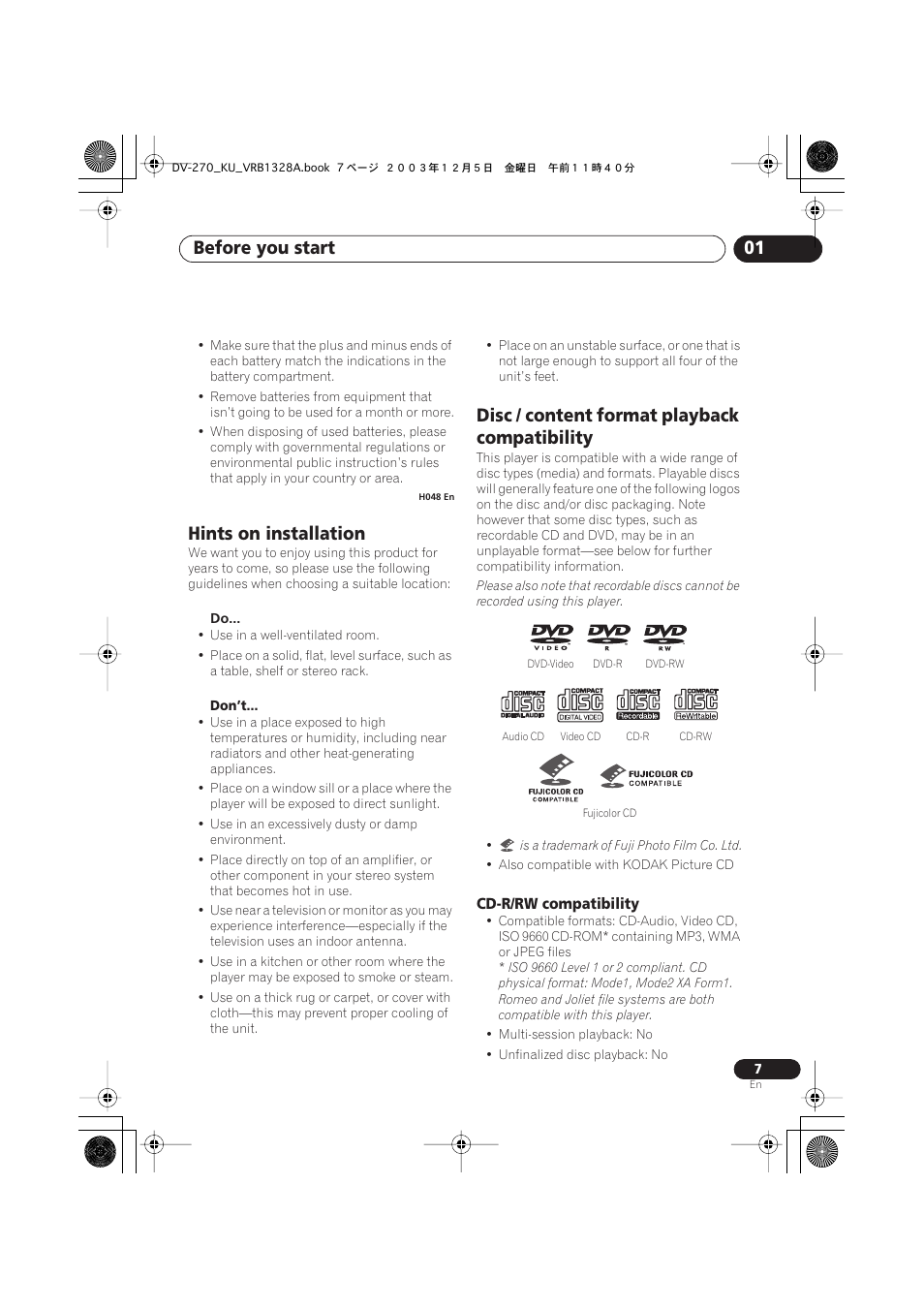 Hints on installation, Disc / content format playback compatibility, Before you start 01 | Pioneer DV-275 User Manual | Page 7 / 40