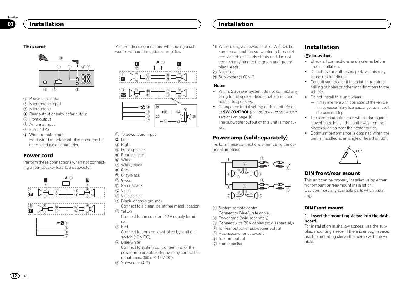 Installation, Installation 03 | Pioneer CD RDS RECEIVER DEH-7300BT User Manual | Page 12 / 64