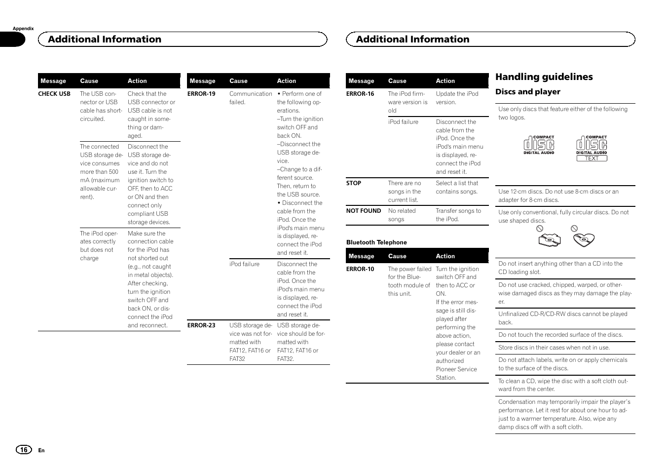 Handling guidelines, Additional information | Pioneer CD RDS RECEIVER DEH-7300BT User Manual | Page 16 / 64