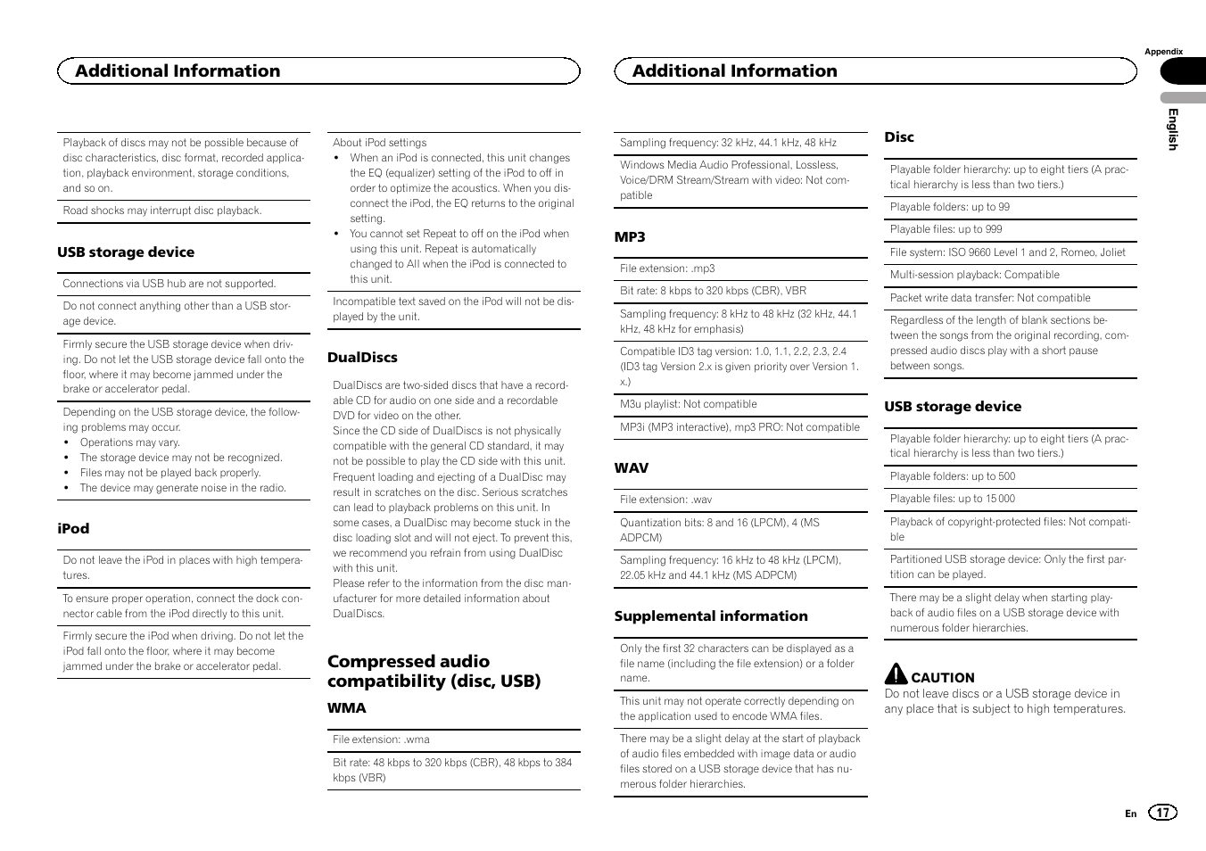 Compressed audio compatibility (disc, usb), Additional information | Pioneer CD RDS RECEIVER DEH-7300BT User Manual | Page 17 / 64