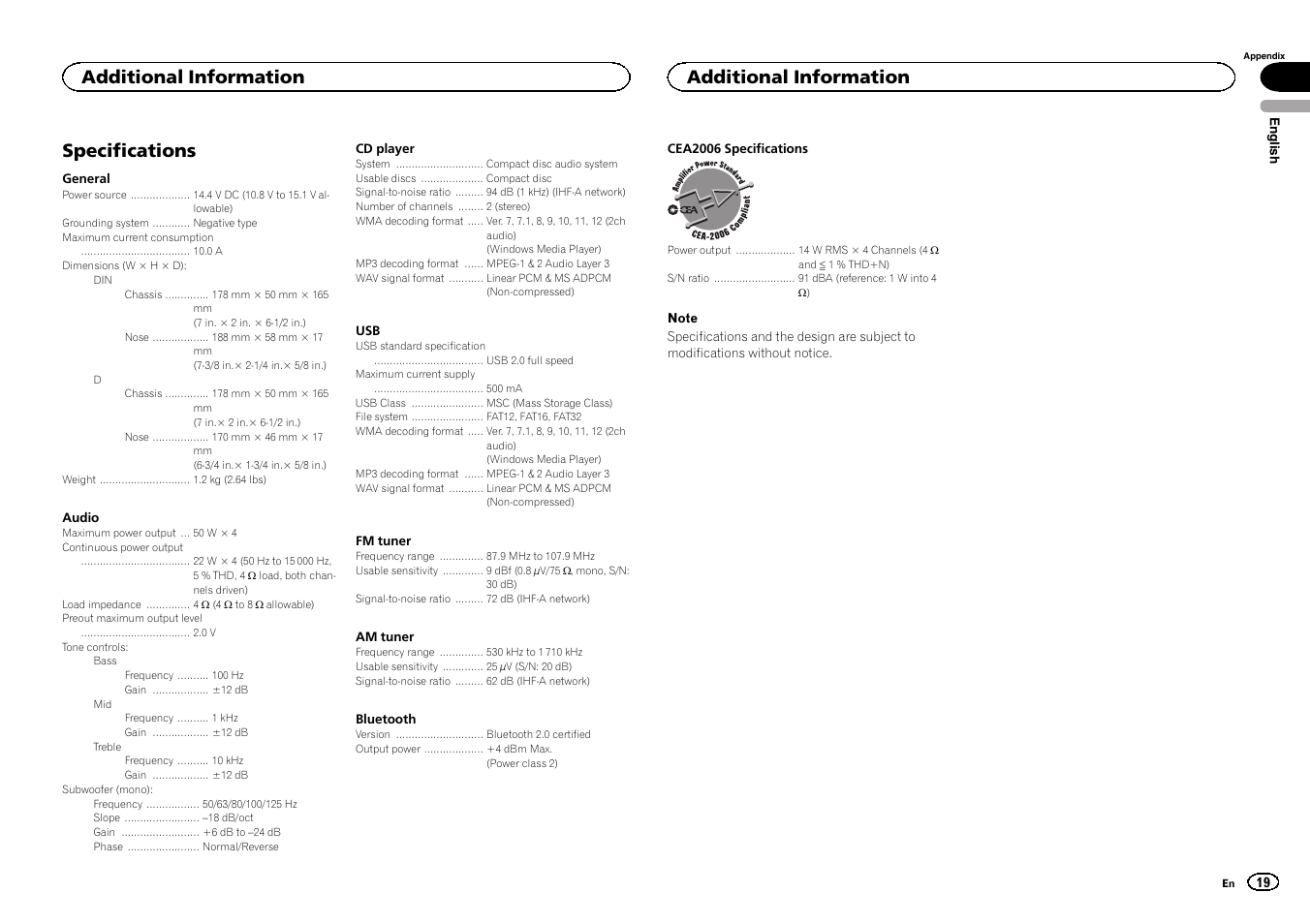 Specifications, Additional information | Pioneer CD RDS RECEIVER DEH-7300BT User Manual | Page 19 / 64
