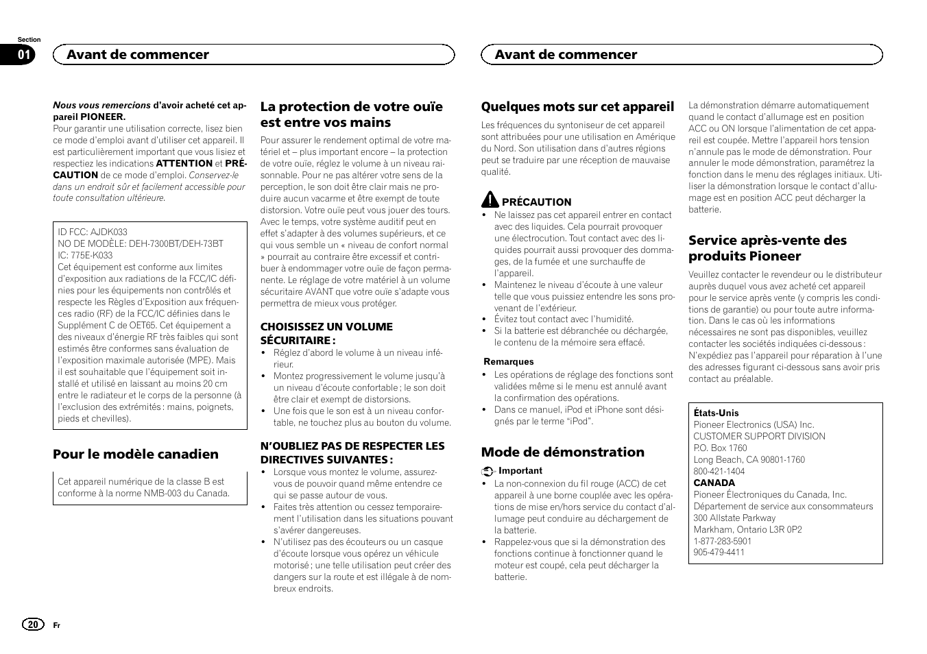 Pour le modèle canadien, La protection de votre ouïe est entre vos mains, Quelques mots sur cet appareil | Mode de démonstration, Service après-vente des produits pioneer, Avant de commencer 01, Avant de commencer | Pioneer CD RDS RECEIVER DEH-7300BT User Manual | Page 20 / 64