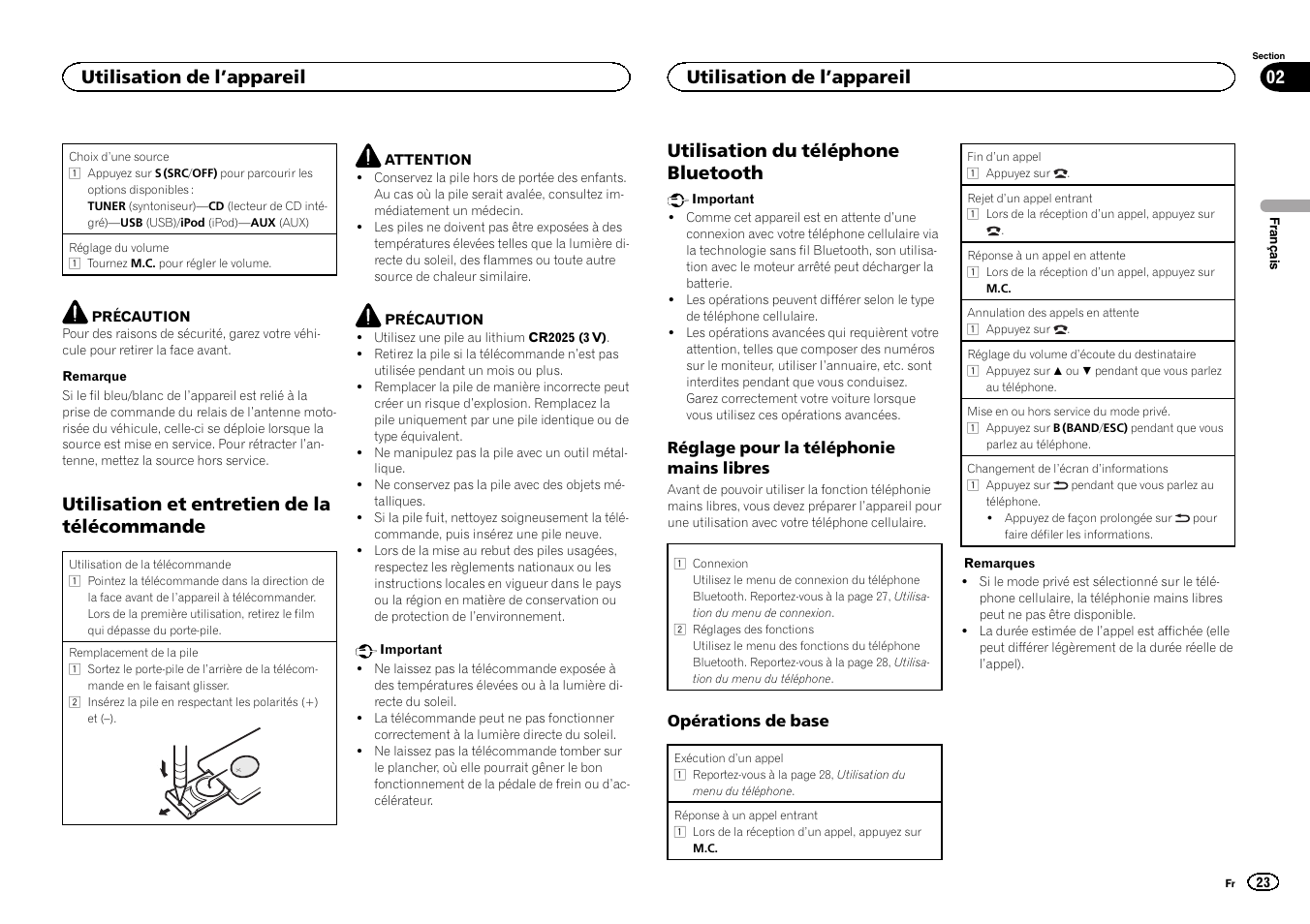 Utilisation et entretien de la télécommande, Utilisation du téléphone bluetooth, Utilisation de l ’appareil 02 | Utilisation de l ’appareil | Pioneer CD RDS RECEIVER DEH-7300BT User Manual | Page 23 / 64