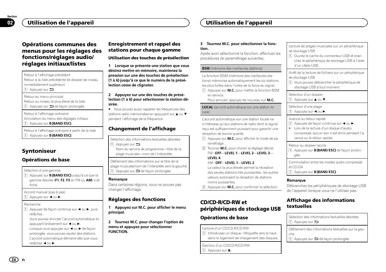 Syntoniseur, Cd/cd-r/cd-rw et périphériques de stockage usb, Utilisation de l ’appareil 02 | Utilisation de l ’appareil | Pioneer CD RDS RECEIVER DEH-7300BT User Manual | Page 24 / 64