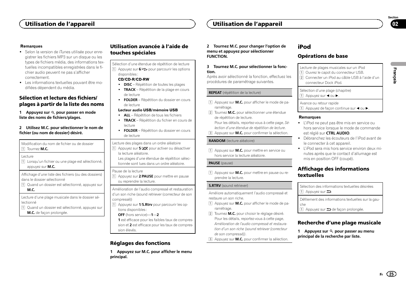 Ipod, Utilisation de l ’appareil 02, Utilisation de l ’appareil | Pioneer CD RDS RECEIVER DEH-7300BT User Manual | Page 25 / 64