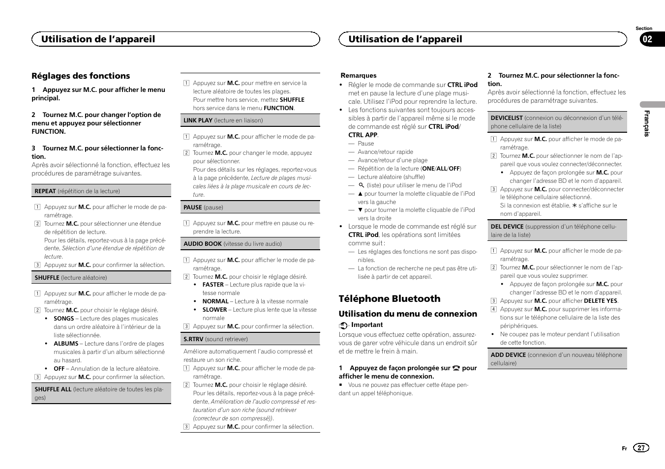 Téléphone bluetooth, Utilisation de l ’appareil 02, Utilisation de l ’appareil | Pioneer CD RDS RECEIVER DEH-7300BT User Manual | Page 27 / 64