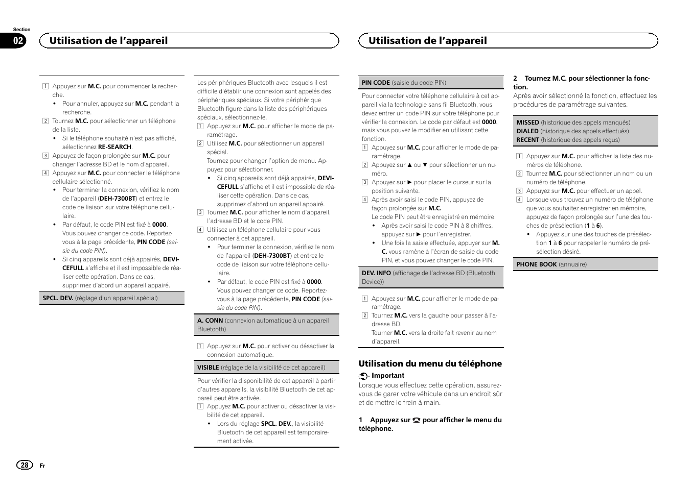 Menu du téléphone, Utilisation de l ’appareil 02, Utilisation de l ’appareil | Pioneer CD RDS RECEIVER DEH-7300BT User Manual | Page 28 / 64