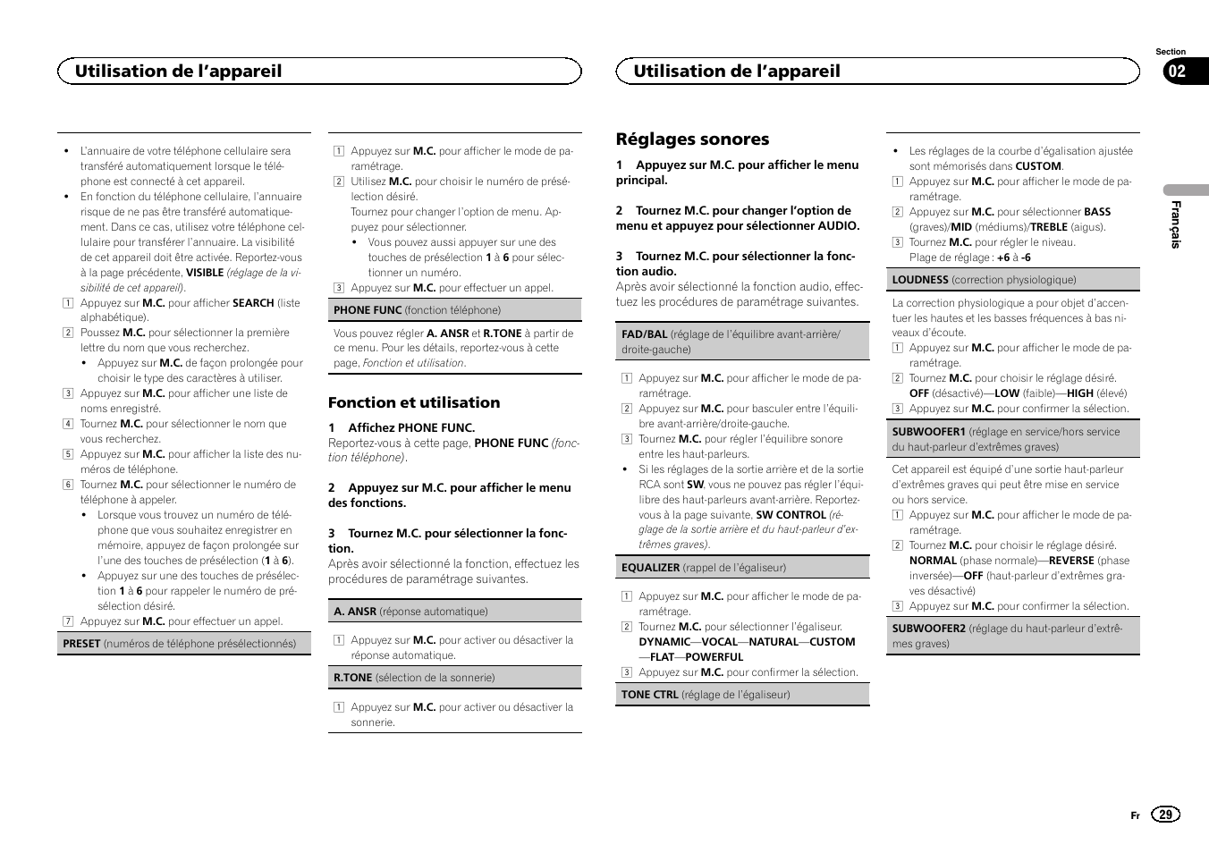 Réglages sonores, Utilisation de l ’appareil 02, Utilisation de l ’appareil | Pioneer CD RDS RECEIVER DEH-7300BT User Manual | Page 29 / 64