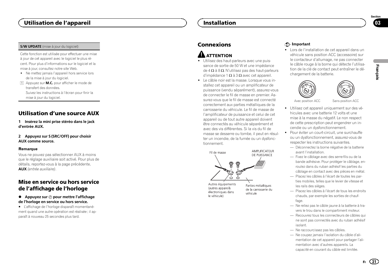 Utilisation d ’une source aux, Connexions, Utilisation de l ’appareil 03 | Installation | Pioneer CD RDS RECEIVER DEH-7300BT User Manual | Page 31 / 64