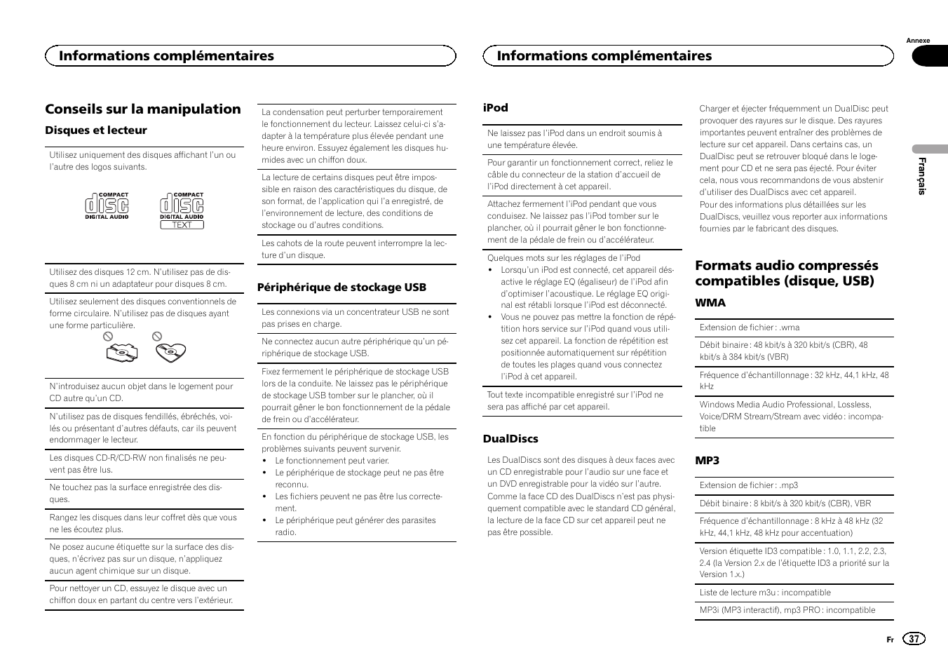 Conseils sur la manipulation, Formats audio compressés compatibles (disque, usb), Informations complémentaires | Pioneer CD RDS RECEIVER DEH-7300BT User Manual | Page 37 / 64