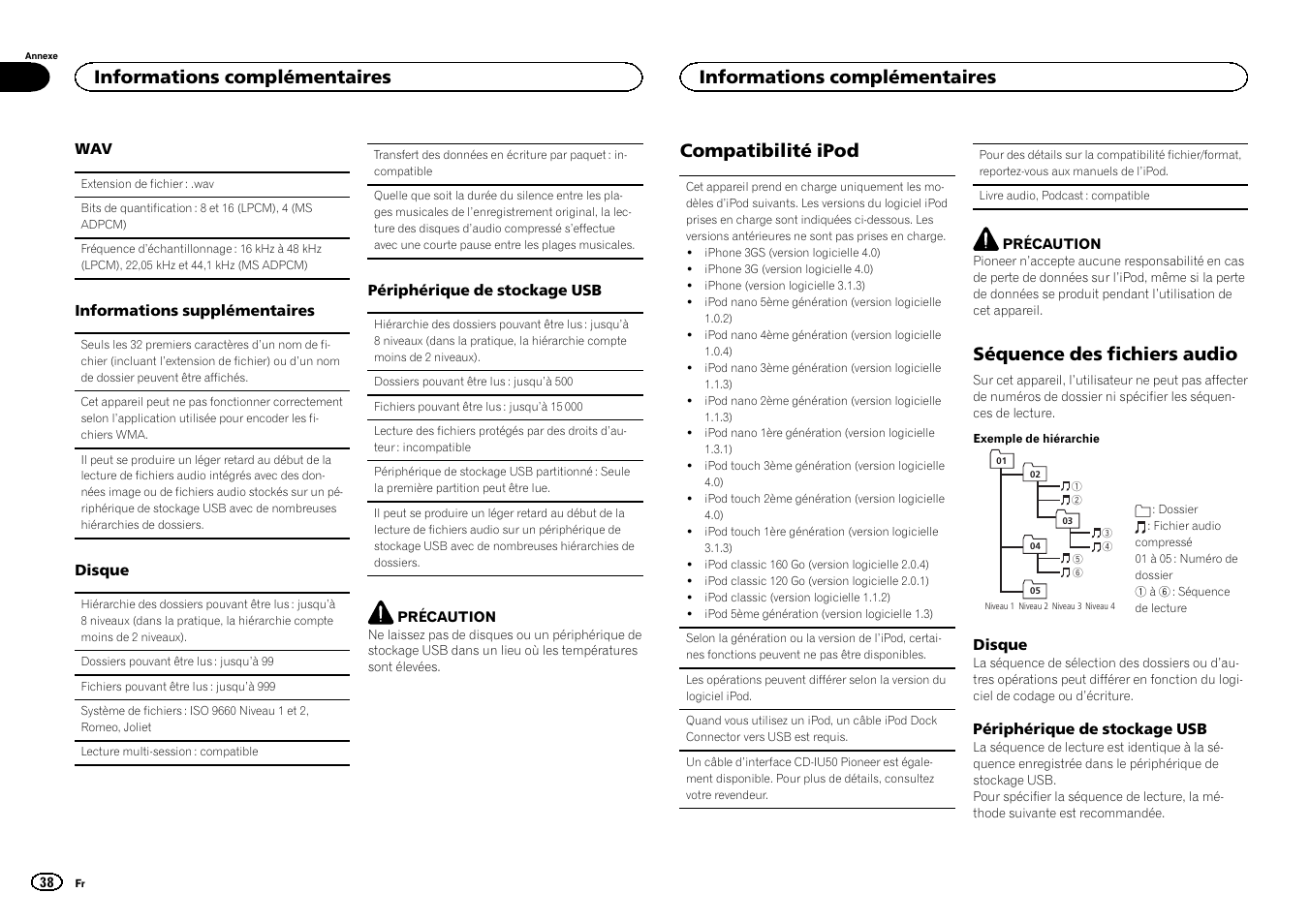 Compatibilité ipod, Séquence des fichiers audio, Informations complémentaires | Pioneer CD RDS RECEIVER DEH-7300BT User Manual | Page 38 / 64