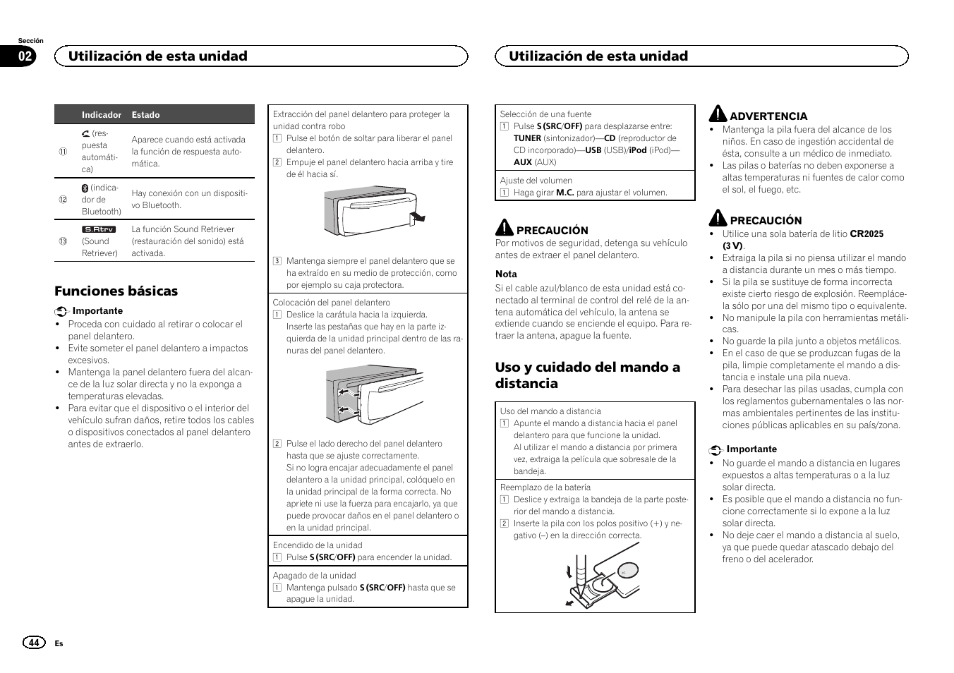 Funciones básicas, Uso y cuidado del mando a distancia, Utilización de esta unidad 02 | Utilización de esta unidad | Pioneer CD RDS RECEIVER DEH-7300BT User Manual | Page 44 / 64