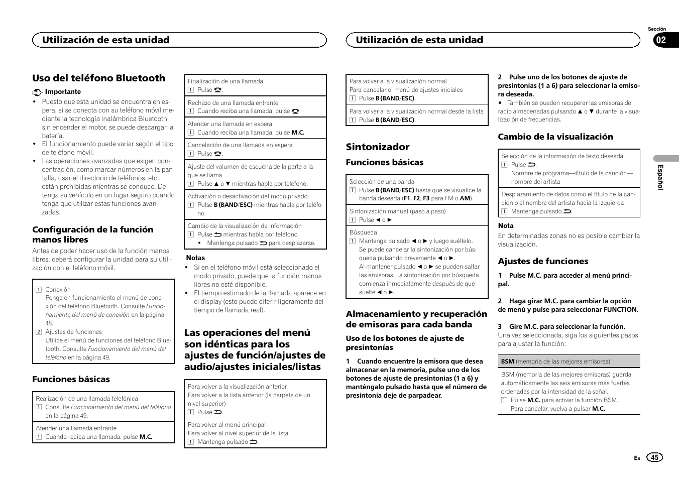 Uso del teléfono bluetooth, Sintonizador, Utilización de esta unidad 02 | Utilización de esta unidad | Pioneer CD RDS RECEIVER DEH-7300BT User Manual | Page 45 / 64