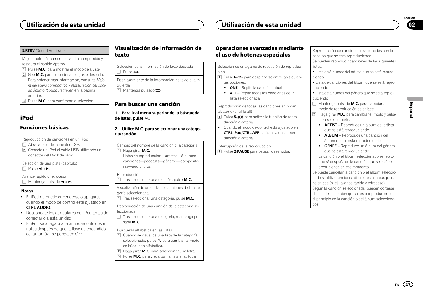 Ipod, Utilización de esta unidad 02, Utilización de esta unidad | Pioneer CD RDS RECEIVER DEH-7300BT User Manual | Page 47 / 64