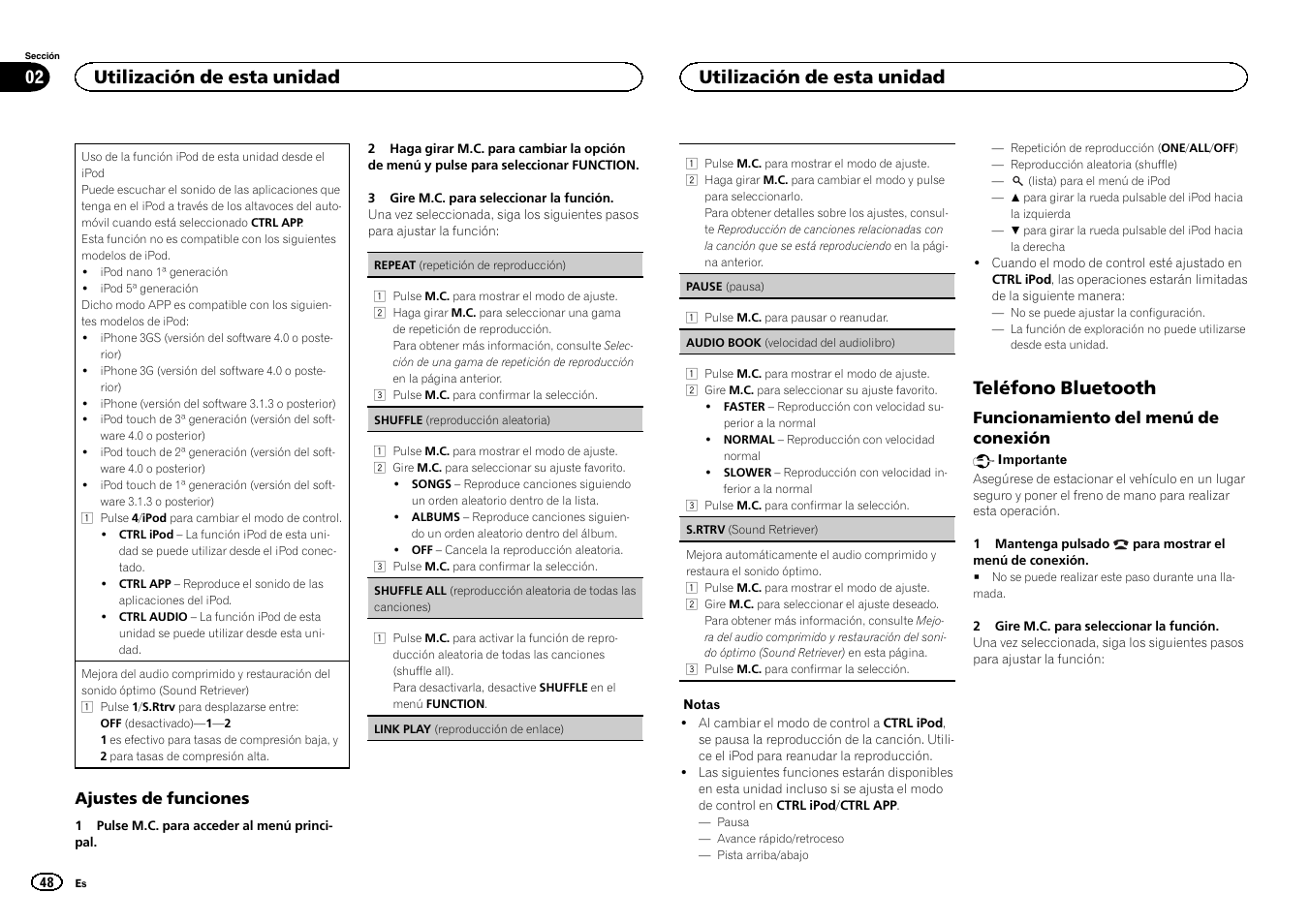 Teléfono bluetooth, Utilización de esta unidad 02, Utilización de esta unidad | Pioneer CD RDS RECEIVER DEH-7300BT User Manual | Page 48 / 64