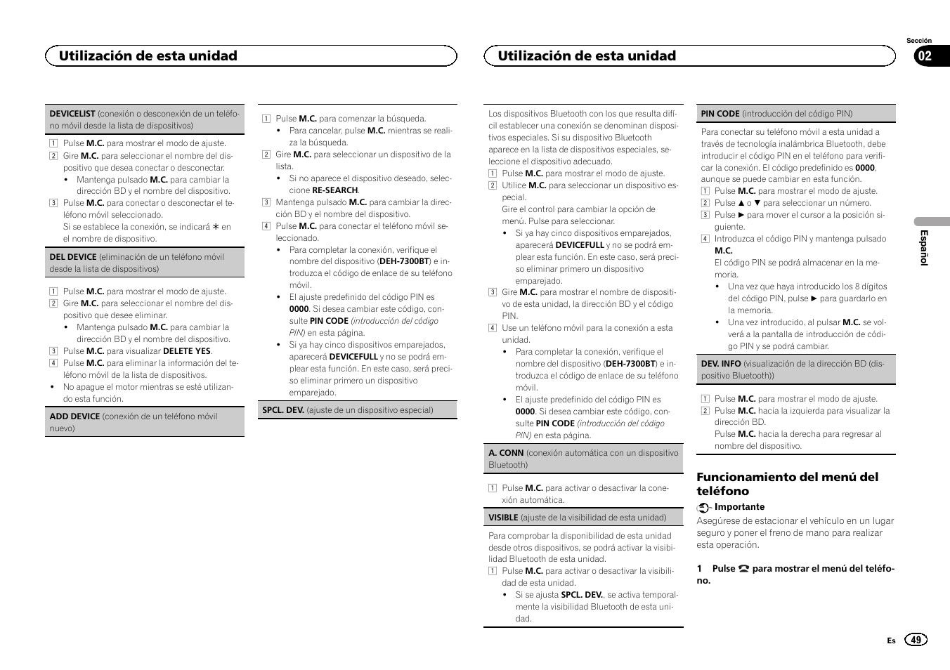 Funcionamiento del menú del teléfono, Utilización de esta unidad 02, Utilización de esta unidad | Pioneer CD RDS RECEIVER DEH-7300BT User Manual | Page 49 / 64