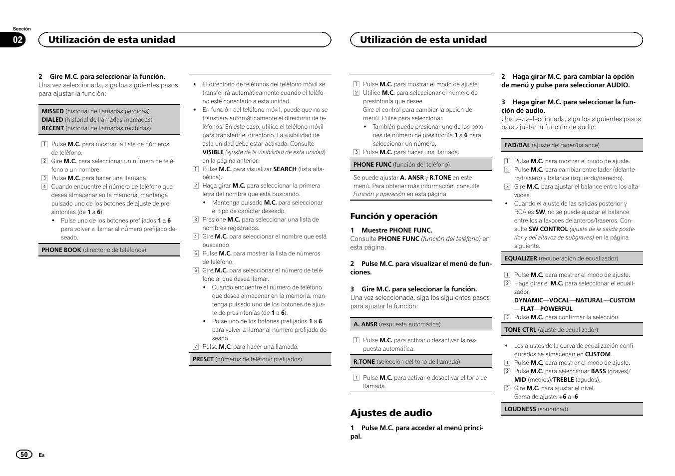 Ajustes de audio, Utilización de esta unidad 02, Utilización de esta unidad | Pioneer CD RDS RECEIVER DEH-7300BT User Manual | Page 50 / 64