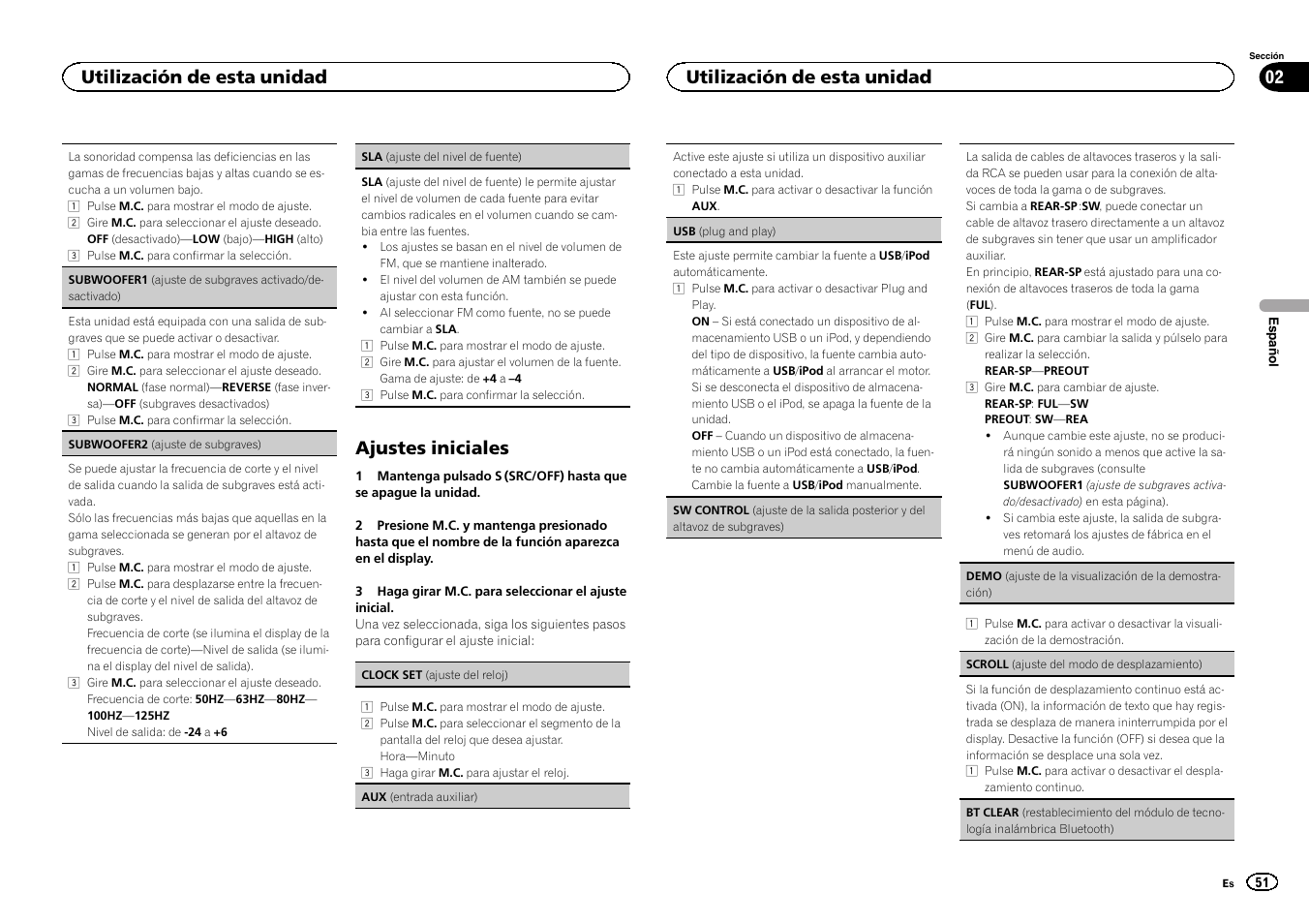 Sw control (ajuste de la salida poste, Ajustes iniciales, Utilización de esta unidad 02 | Utilización de esta unidad | Pioneer CD RDS RECEIVER DEH-7300BT User Manual | Page 51 / 64